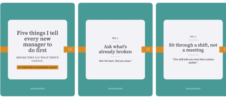 Three cards from a carousel rendered in a teal and gold brand with a serif typeface
