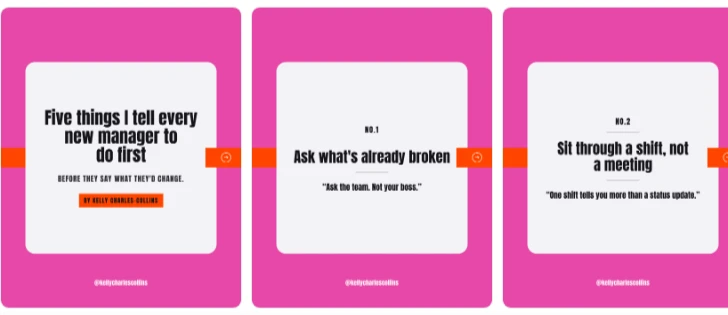 The same three cards rendered in a pink and orange brand with a heavy sans typeface