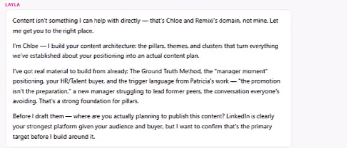 Chloe picks up from the positioning Camille already built: her method, her buyer, and the language from her buyer research