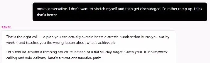 Camille decides on a more conservative plan, and Renee rebuilds the revenue roadmap around her capacity